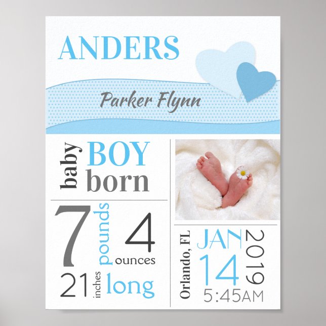 Poster Blue Hearts Baby Boy Birth Stats Signe Faire-part (Devant)
