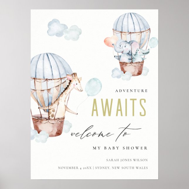 Poster Blue Hot Air Balloon Safari Animaux Baby shower (Devant)