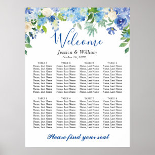 Poster Blue Hydrangea  8 Tables Wedding SEATING CHART