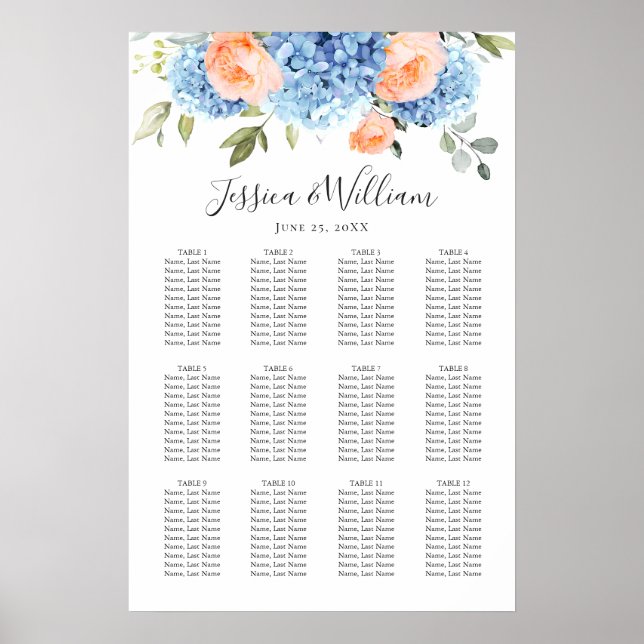 Poster Blue Hydrangea Blush Rose 12 tables CADRE (Devant)