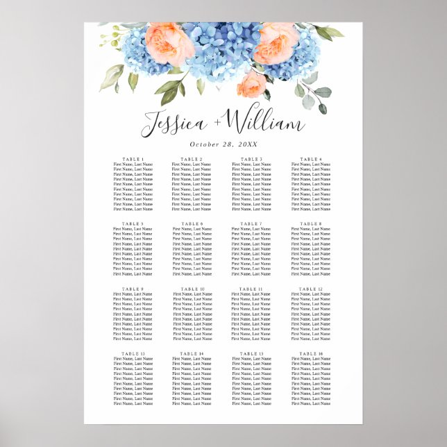 Poster Blue Hydrangea Blush Rose 15 tables CADRE (Devant)