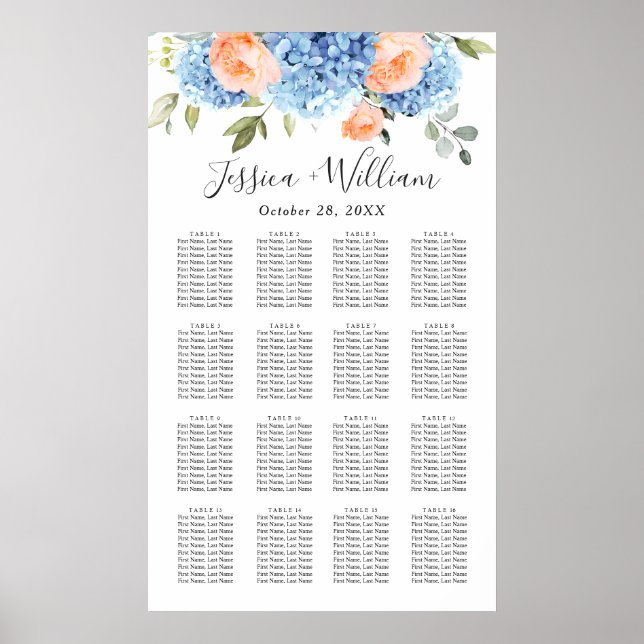 Poster Blue Hydrangea Blush Rose 16 Tables CADRE (Devant)