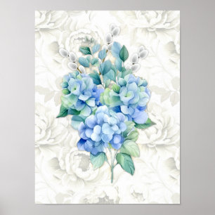 Poster Blue Hydrangea Botanical Ivory Floral Arrière - pl