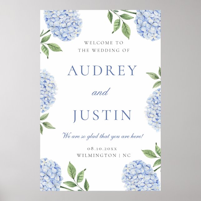 Poster Blue Hydrangea Classic Border, XL Wedding Welcome (Devant)