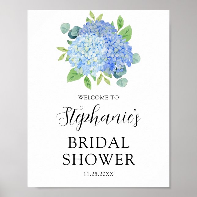 Poster Blue Hydrangea Fête des mariées botanique Bienvenu (Devant)