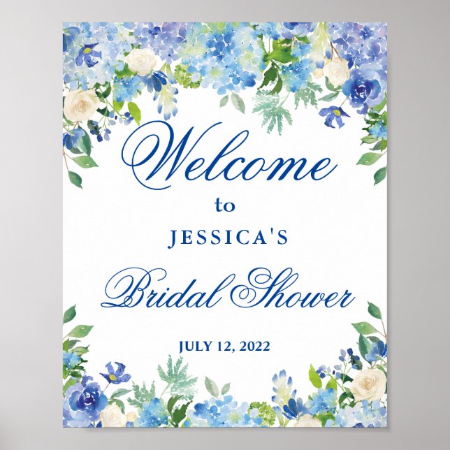 Poster Blue Hydrangea Fête des mariées verte Bienvenue (Devant)