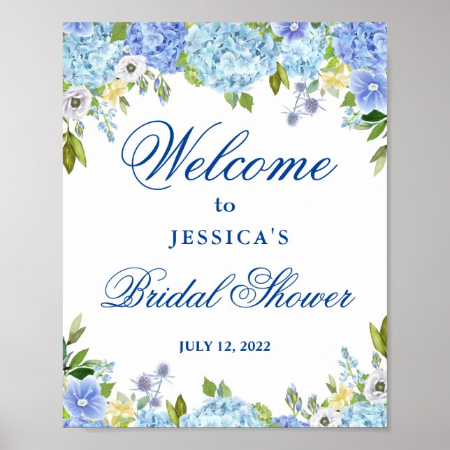 Poster Blue Hydrangea Fête des mariées verte Bienvenue (Devant)