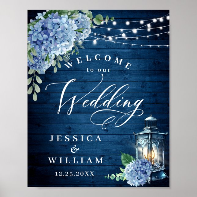 Poster Blue Hydrangea Floral Lanterne Mariage de bienvenu (Devant)