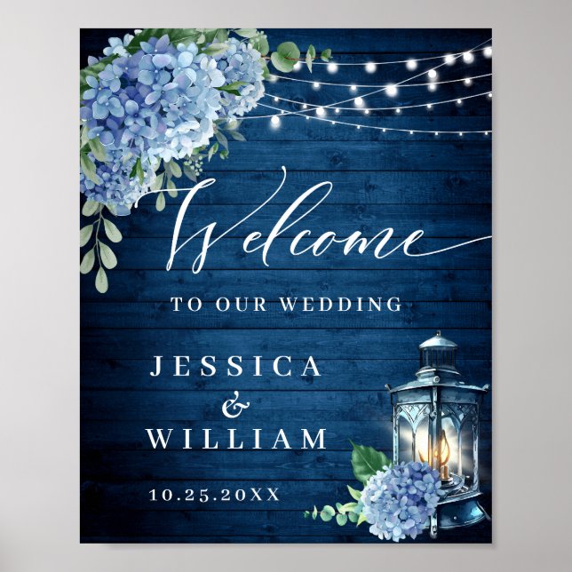 Poster Blue Hydrangea Floral Lanterne Mariage de bienvenu (Devant)