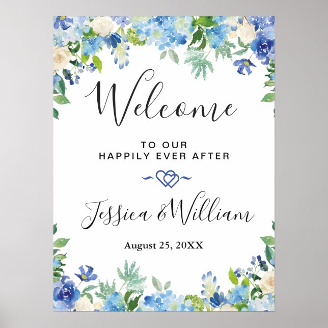 Poster Blue Hydrangea Greenery Chic Mariage Accueil (Devant)