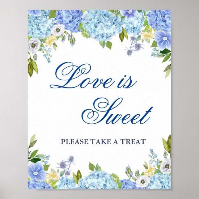 Poster Blue Hydrangea Greenery Mariage Dessert Bar (Devant)