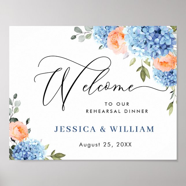 Poster Blue Hydrangea Rose Blush Roses RÉPÉTITION DÎNER (Devant)