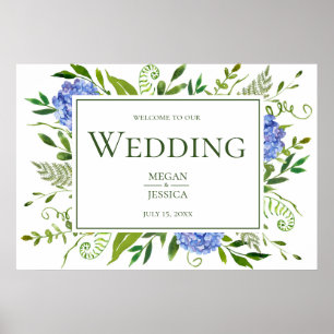 Poster Blue Hydrangeas Bienvenue à notre panneau Mariage