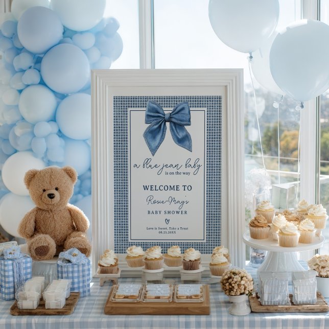 Poster Blue Jean En vichy Coquette Bow Baby shower Bienve (Blue Jean Gingham Coquette Bow Baby Shower Welcome Poster)