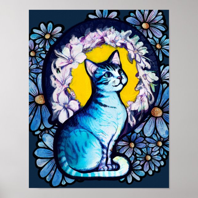 Poster Blue Kitty Chat Halo Mucha Style Floral (Devant)