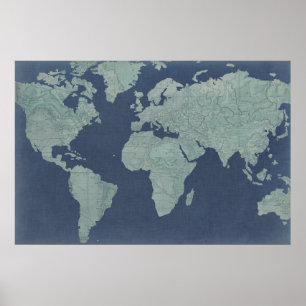 Poster Blue Linen World Map