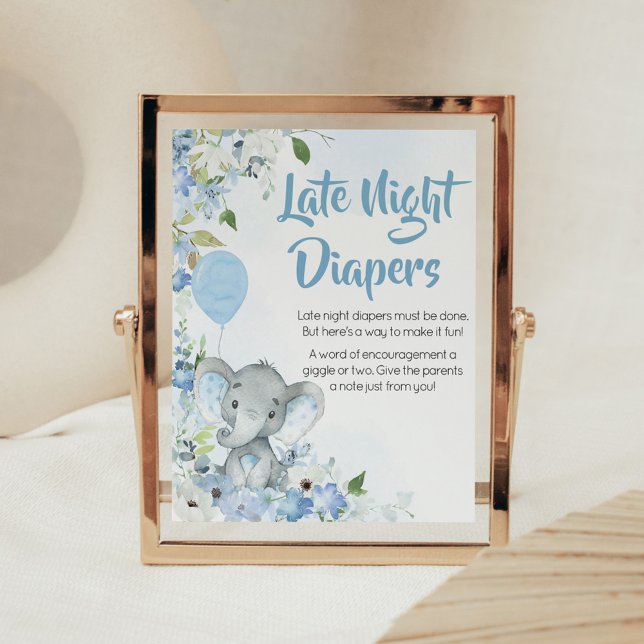 Poster Blue Little Peanut Elephant Late Night Diapés (Blue Elephant Little Peanut Baby Shower Late Night Diapers Sign)