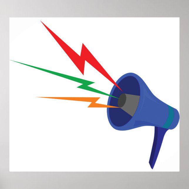 Poster Blue Megaphone with Colorful Lightning Bolts (Devant)