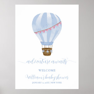 Poster Blue Minimal Hot Air Balloon Baby shower Bienvenue