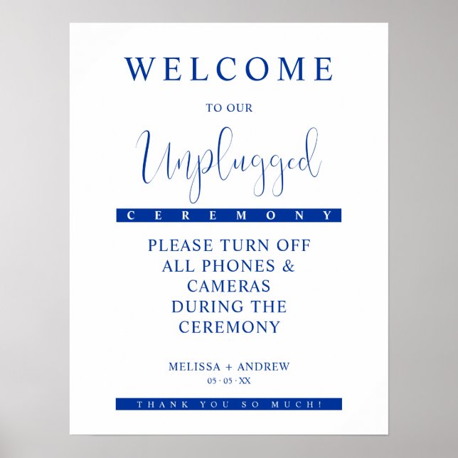 Poster Blue Minimalist Unplugged Wedding Sign (Devant)