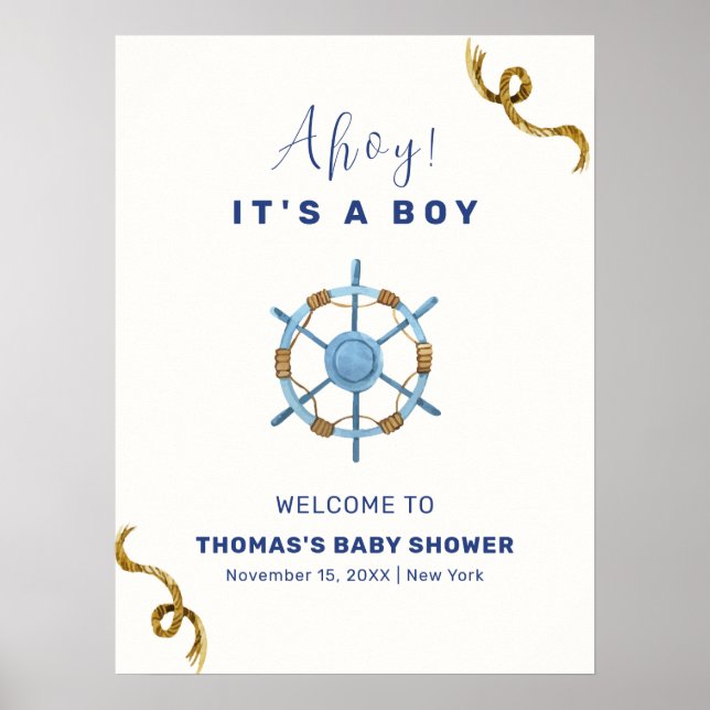Poster Blue Modern Ahoy Nautical Boy Baby shower Bienvenu (Devant)