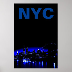 Poster Blue New York City Night Brooklyn Bridge