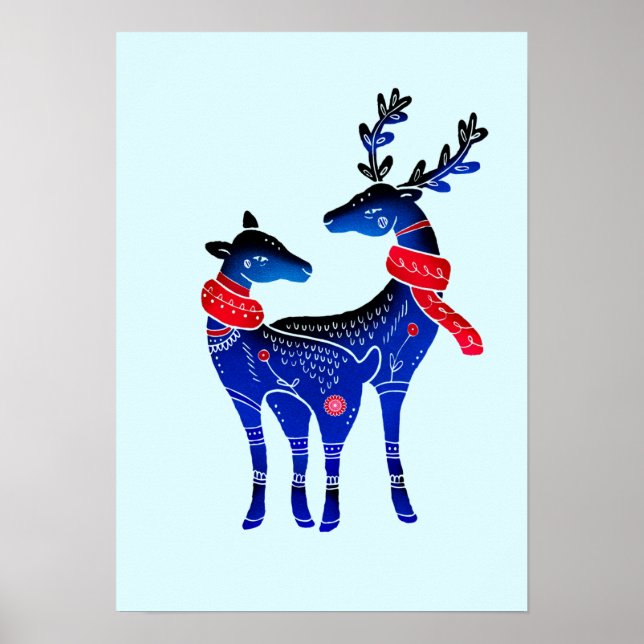 Poster Blue Nordic Christmas Reindeer Pair (Devant)