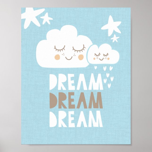 Poster Blue Nursery Dream Nuages & Etoiles Wall Art (Devant)