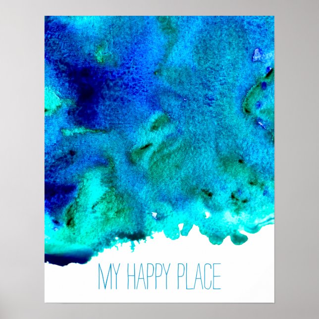 Poster Blue océan heureux lieu citation aquarelle art (Devant)