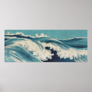 Poster Blue Ocean Waves Japanese Woodcut 