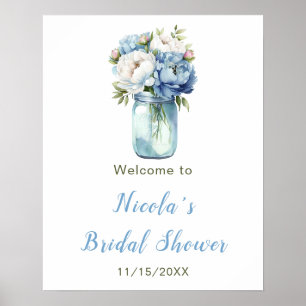 Poster Blue Peonies Mason Jar Fête des mariées Bienvenue