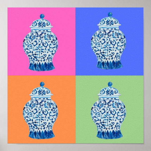 Poster Blue Pink Chinoiserie Ginger jar jar jar art print (Devant)