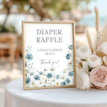 Blue Preppy Flowers Watercolor Diaper Raffle Sign
