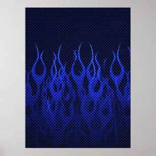 Poster Blue Racing Flames on Carbon Fiber Print