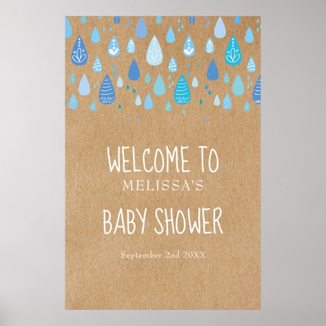 Poster Blue Raindrops Baby shower Boho / Sprinkl Welcome (Devant)