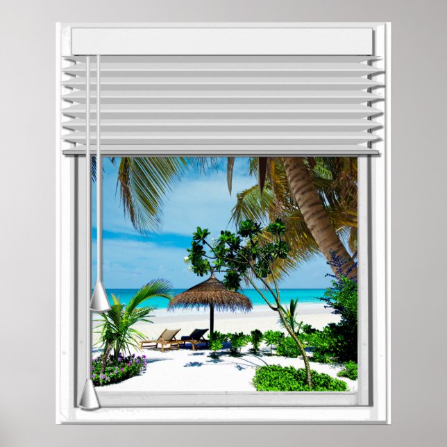 Poster Blue Sea Beach Vue Fausse Fenêtre Avec Aveugles (Devant)