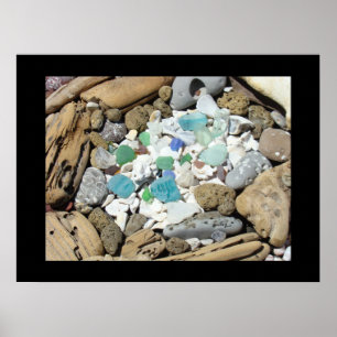 Poster Blue Sea Glass art prints Seashells Driftwood Sea