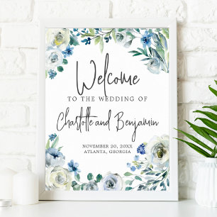 Poster Blue Spring Floral Chic Bienvenue à notre Mariage