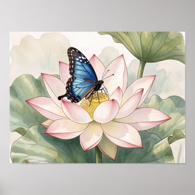Poster  Blue Swallowtail Butterfly With Lotus Flower Art (Devant)