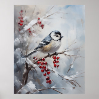 Poster Blue Tit Bird on Snowy Berries Winter Art