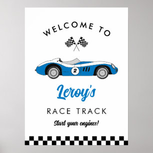 Poster Blue Vintage Race Car Boy 2e anniversaire Bienvenu