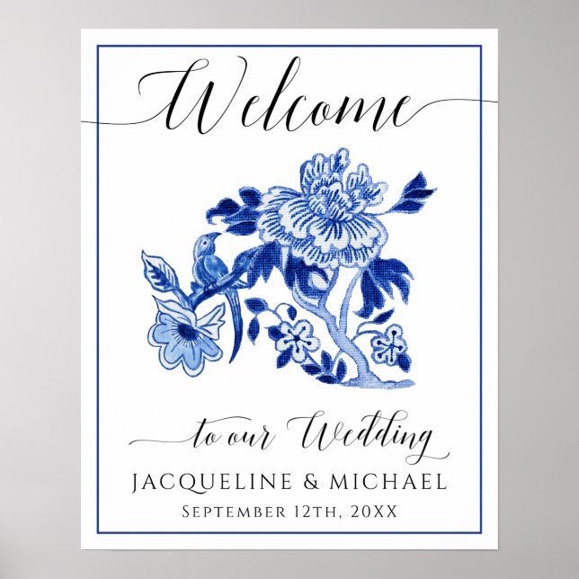 Poster Blue White Bird Chinoiserie Floral Bienvenue Maria (Devant)