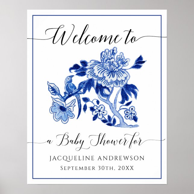 Poster Blue White Chinoiserie Floral Baby shower d'accuei (Devant)