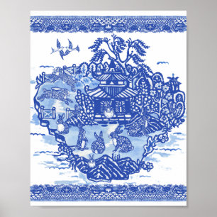 Poster Blue Willow Rabbit Island Whimsical Oriental Art