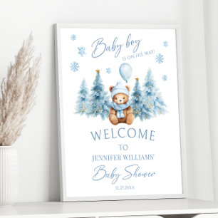 Poster Blue Winter Teddy Ours Pine Arbres bébé Garçon Dou