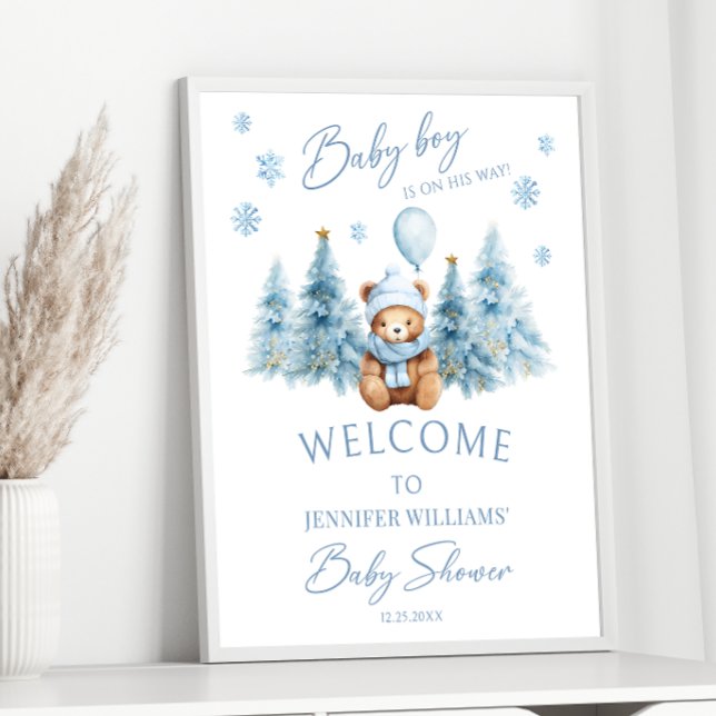 Poster Blue Winter Teddy Ours Pine Arbres bébé Garçon Dou (Créateur téléchargé)