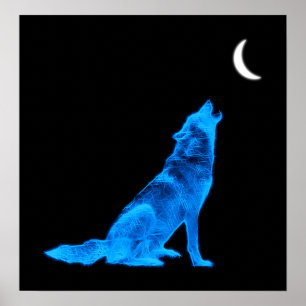 Poster Blue Wolf Howling à Moon
