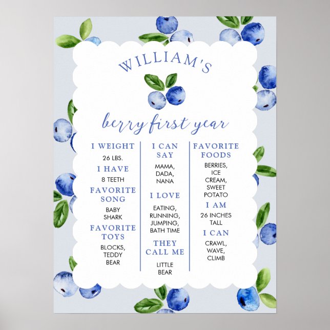 Poster Blueberry Boy 1st Year Milestone (Devant)