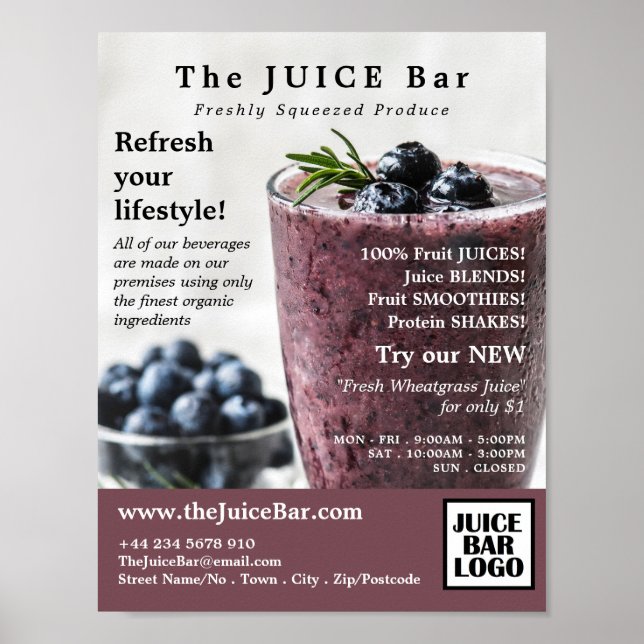 Poster Blueberry Smoothie, barre de jus Publicité (Devant)