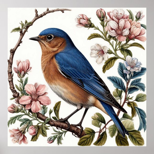 Poster Bluebird Perché Parmi Les Fleurs En Floraison (Devant)